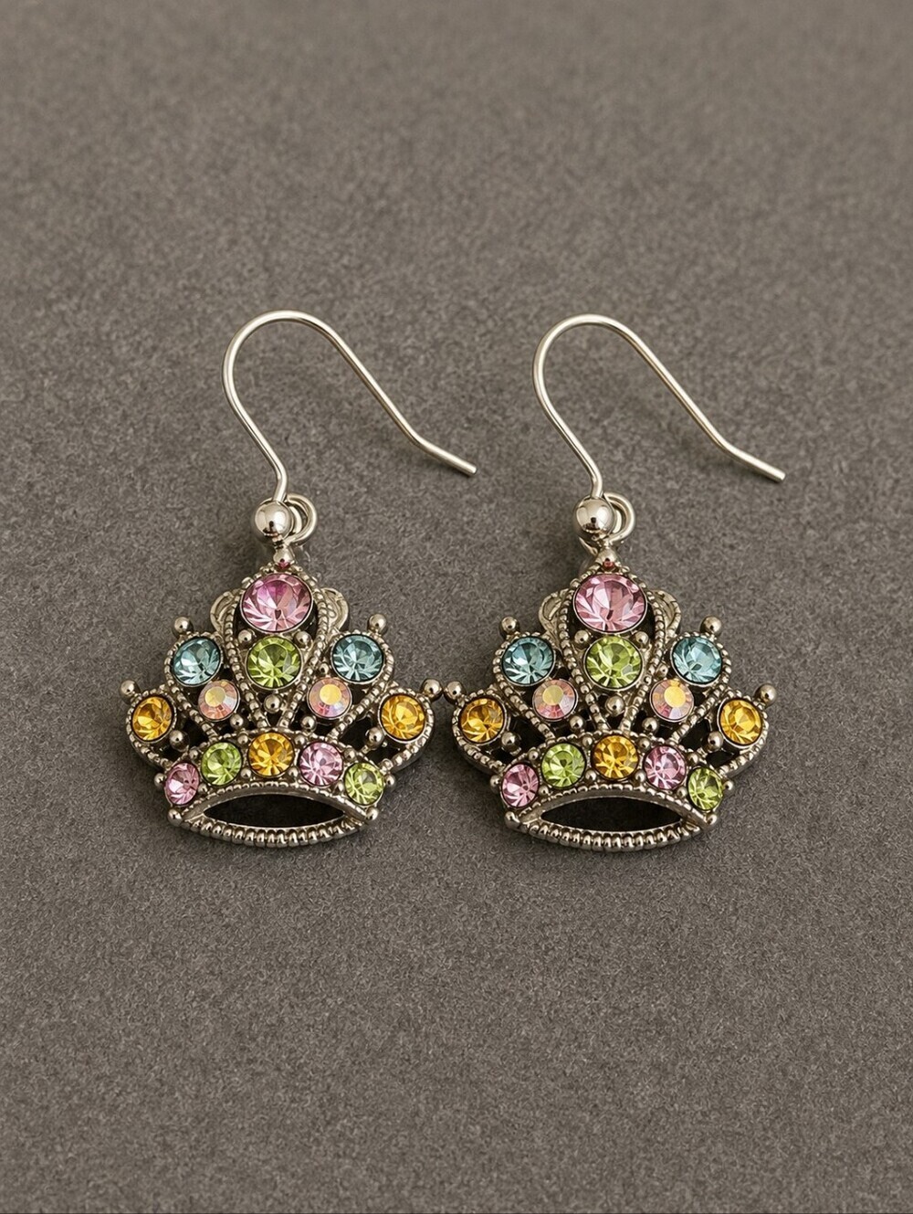 3/$30 VTG Pastel Rhinestone Princess Crown Castlecore Dangle Hook Earrings